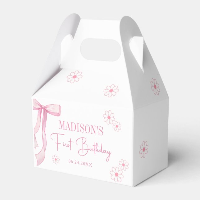 Pink Bow Elegant 1st Birthday Favor Box (Front Side)