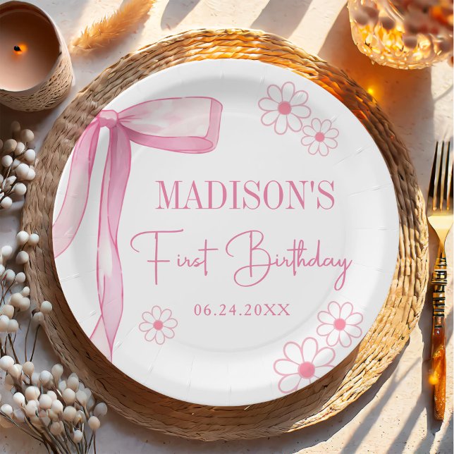 Pink Bow Elegant 1st Birthday Paper Plate (Creator Uploaded)