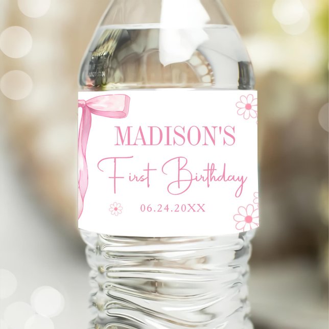 Pink Bow Elegant 1st Birthday Water Bottle Label (Creator Uploaded)