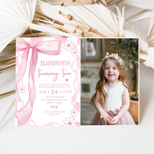 Pink Bow Elegant 2nd Birthday Photo Invitation