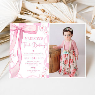 Pink Bow Elegant 3rd Birthday Photo Invitation