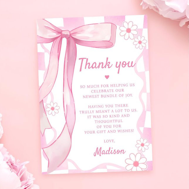 Pink Bow Elegant Birthday Thank You Card (Creator Uploaded)