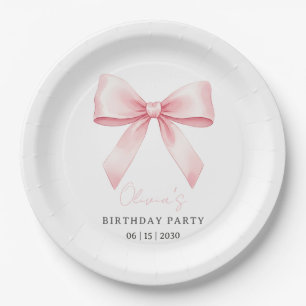 Pink Bow Elegant Minimalist Birthday Party Paper Plate