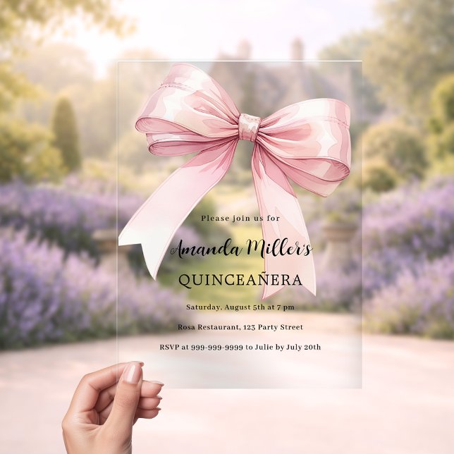 Pink bow elegant Quinceanera luxury clear Acrylic Invitations (Creator Uploaded)
