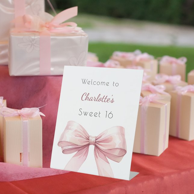 Pink bow elegant Sweet 16 welcome Pedestal Sign (Creator Uploaded)