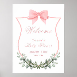 Pink Bow Eucalyptus Crest Baby Shower Welcome  Poster