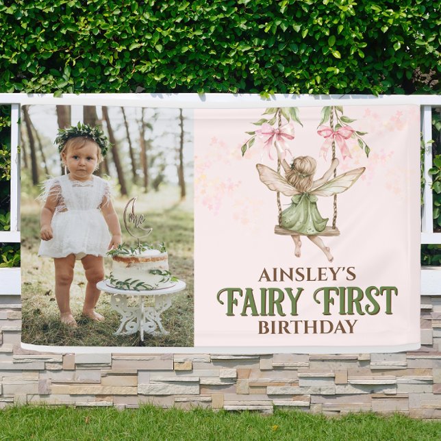 Pink Bow Fairy First 1st Birthday Cute Photo Vinyl Banner (Creator Uploaded)
