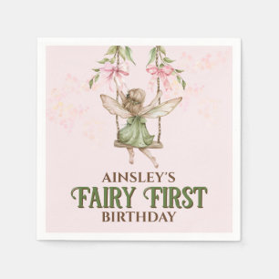 Pink Bow Fairy First 1st Birthday Personalized Napkin