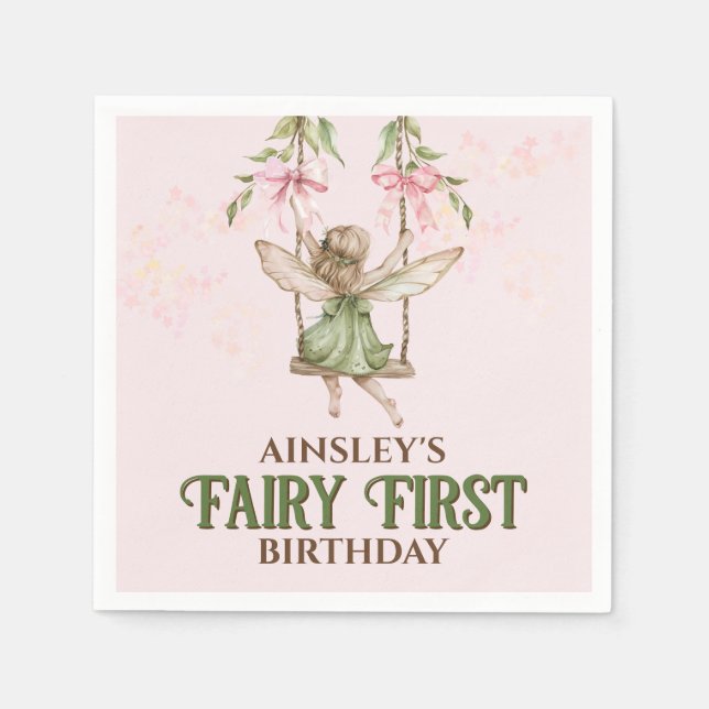 Pink Bow Fairy First 1st Birthday Personalized Napkin (Front)