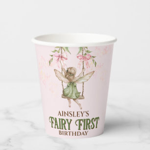 Pink Bow Fairy First 1st Birthday Personalized Paper Cups