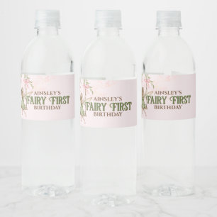 Pink Bow Fairy First 1st Birthday Personalized Water Bottle Label