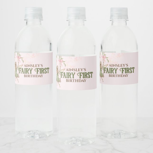 Pink Bow Fairy First 1st Birthday Personalized Water Bottle Label (Bottles)