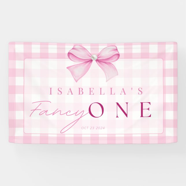 Pink Bow Fancy One Girl 1st Birthday Coquette Banner (Horizontal)