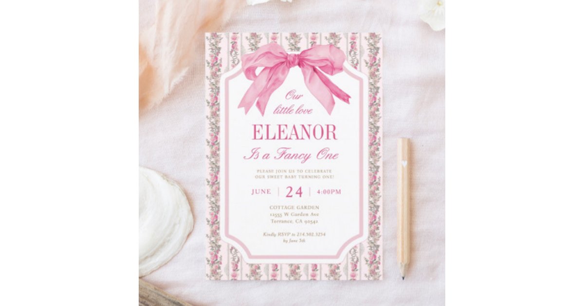 Pink Bow Fancy ONE Girl 1st Birthday Invitation | Zazzle