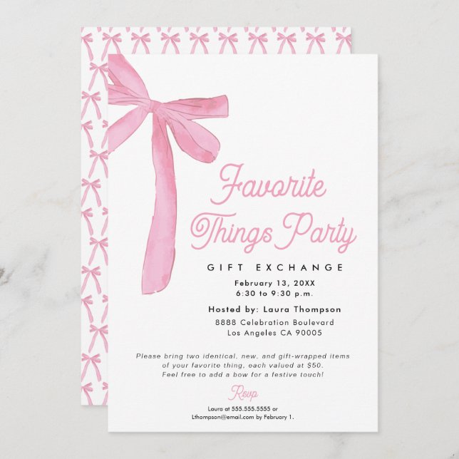 Pink Bow Favorite Things Party Gift Exchange Invitation (Front/Back)