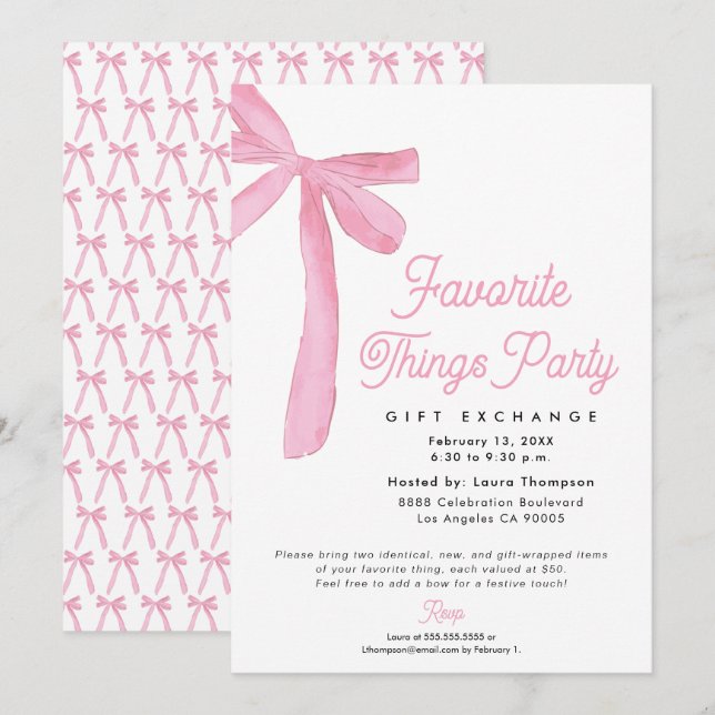 Pink Bow Favourite Things Party Gift Exchange Invitation (Front/Back)