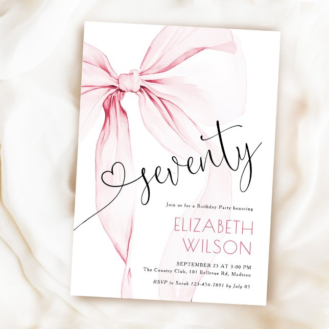 Pink Bow Feminine 70th Birthday Invitation (Creator Uploaded)