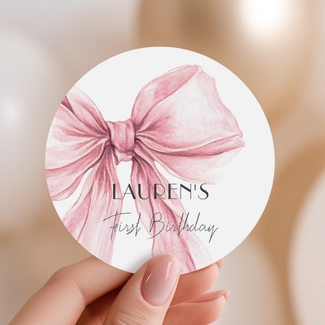 Pink Bow First Birthday Favour Classic Round Sticker (Creator Uploaded)