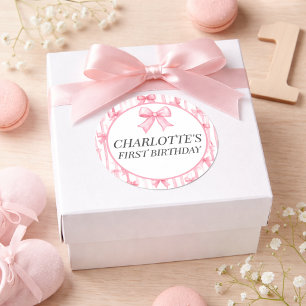 Pink Bow First Birthday Girl Classic Round Sticker