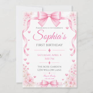 Pink Bow First Birthday Invitation | Coquette Girl