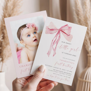 Pink Bow First Birthday Invitation Photo Coquette