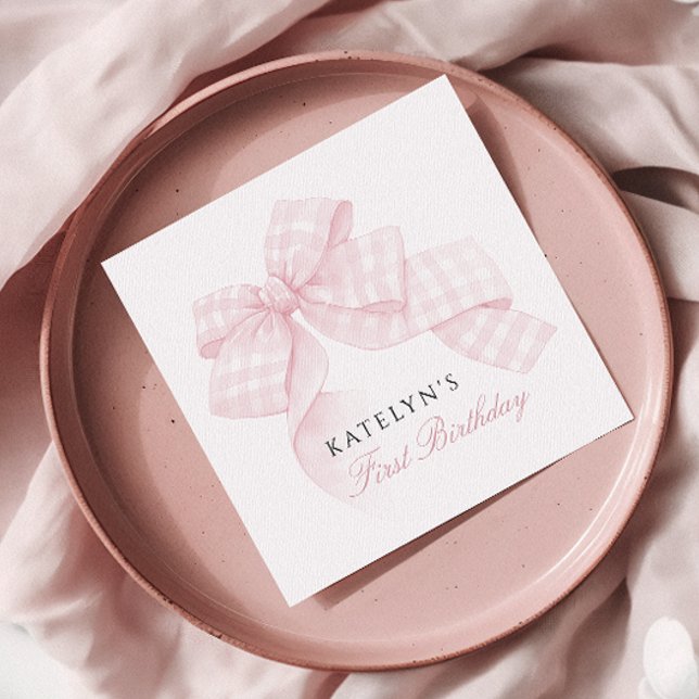 Pink Bow First Birthday Napkin (Creator Uploaded)