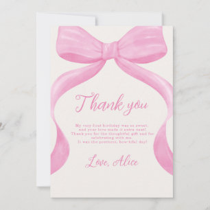 Pink Bow First Birthday Thank You Card