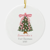 Pink bow First Christmas custom Photo Ornament