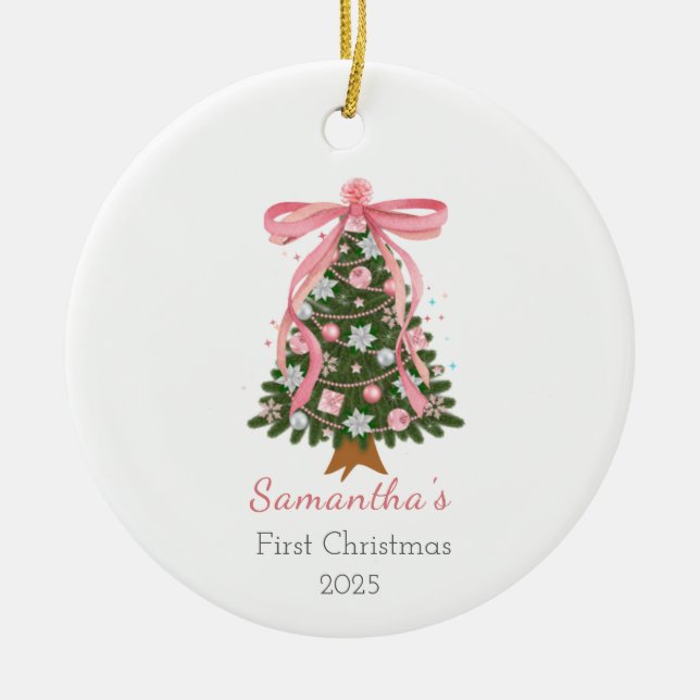 Pink bow First Christmas custom Photo Ornament (Front)