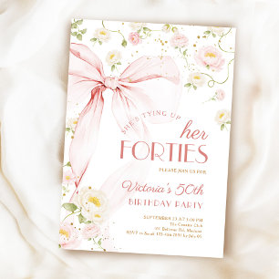 Pink Bow Floral 50th Birthday Invitation