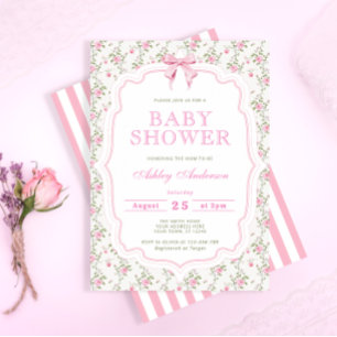 Pink Bow Floral Baby Shower Invitation