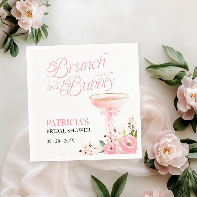 Pink Bow Floral Brunch And Bubbly Bridal Shower Napkin (Creator Uploaded)