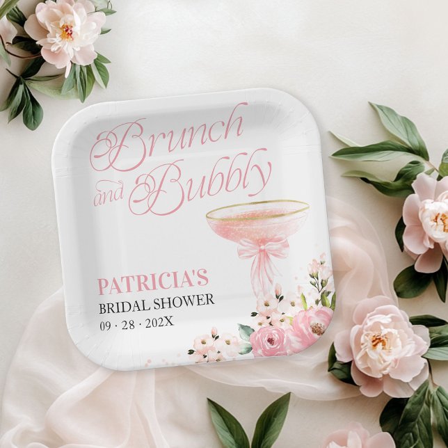 Pink Bow Floral Brunch And Bubbly Bridal Shower Paper Plate (Creator Uploaded)