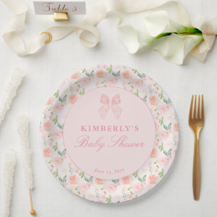 Pink Bow Floral Coquette Gingham Girl Baby Shower Paper Plate