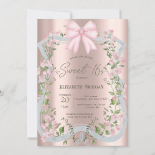 Pink Bow Floral Frame Rose Gold Sweet 16  Invitation