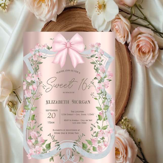 Pink Bow Floral Frame Rose Gold Sweet 16  Invitation (Creator Uploaded)