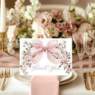 Pink Bow Floral Girl Baby Shower Thank You Card
