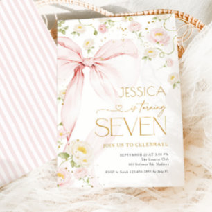 Pink Bow Floral Girls 7th Birthday Invitation