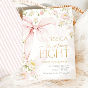 Pink Bow Floral Girls 8th Birthday Invitation