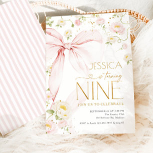 Pink Bow Floral Girls 9th Birthday Invitation