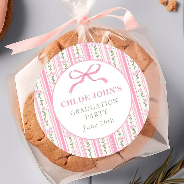 Pink Bow Floral Graduation Classic Round Sticker (Creator Uploaded)