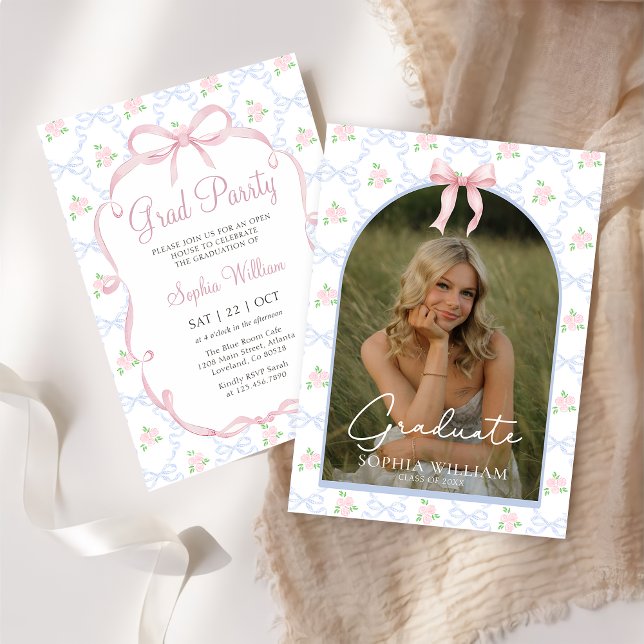 Pink Bow Floral Graduation Party Invitation (Creator Uploaded)