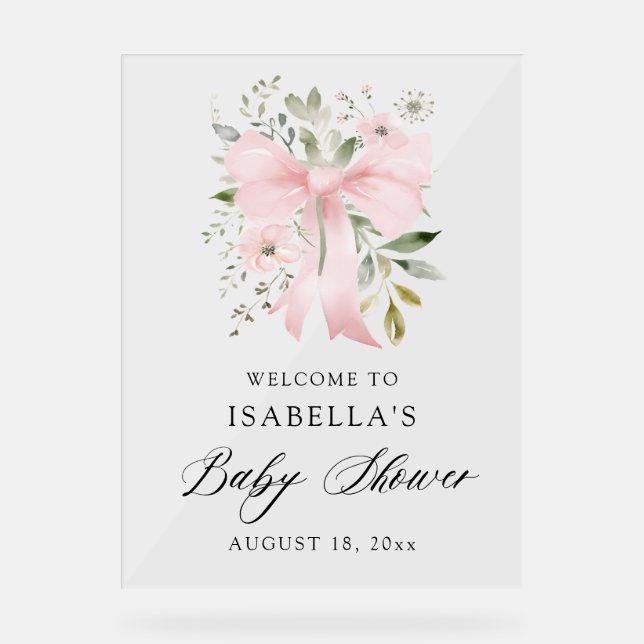 Pink Bow Floral Greenery Girl Baby Shower Welcome (Recto)
