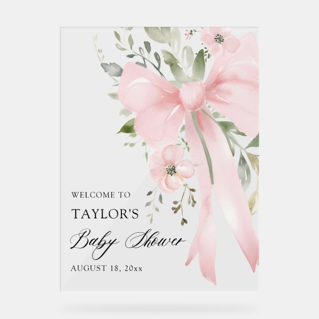 Pink Bow Floral Greenery Girl Baby Shower Welcome Acrylic Sign (Front)