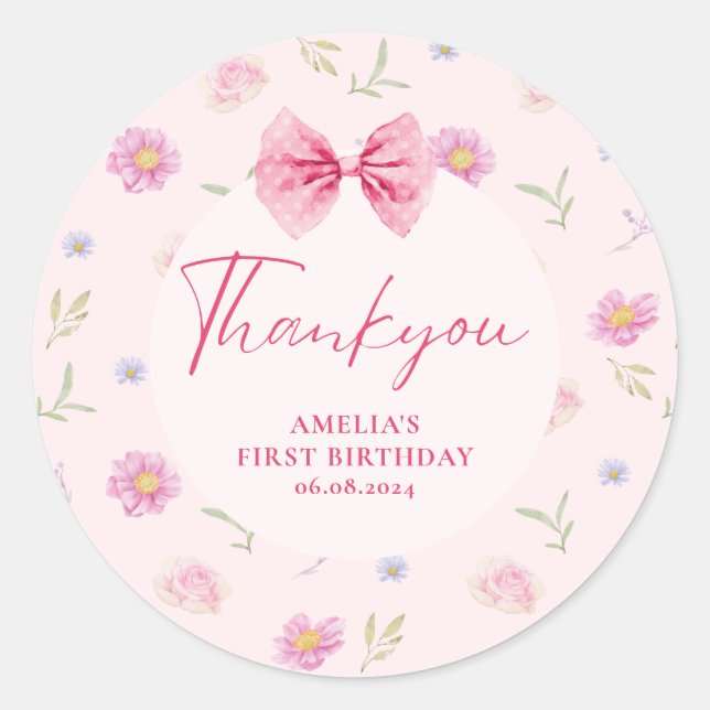 Pink Bow floral little miss Onederful 1st birthday Classic Round Sticker (Front)