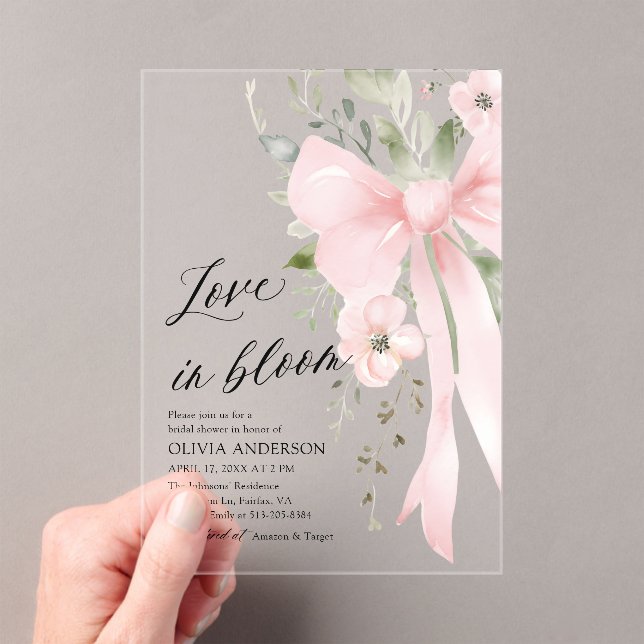 Pink Bow Floral Love in Bloom Bridal Shower Acrylic Invitations (Insitu (Handheld))