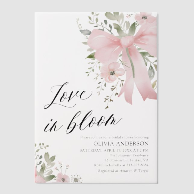 Pink Bow Floral Love in Bloom Bridal Shower Vellum Invitations (Front)