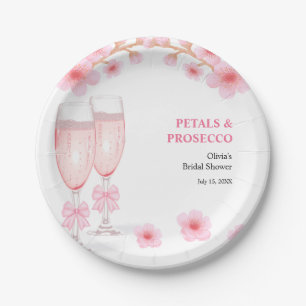 Pink Bow Floral Petals and Prosecco Bridal Shower Paper Plate