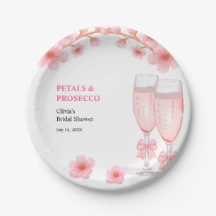 Pink Bow Floral Petals and Prosecco Bridal Shower Paper Plate