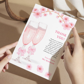 Pink Bow Floral Petals and Prosecco Bridal Shower Thank You Card